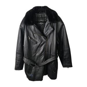Vtg 90s Tannery West Black Leather Jacket Mens Large Belted Coat Faux Fur Trim